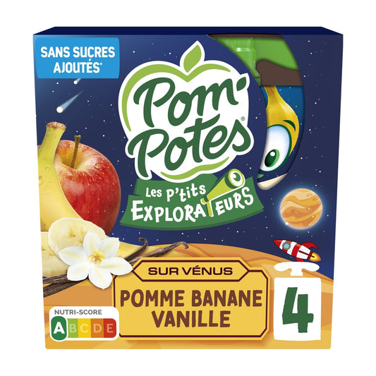 Compotes les P'tits Explorateurs sur Vénus Pomme Banane Vanille Sans Sucres Ajoutés POM'POTES les 4 gourdes de 90g