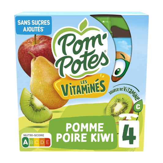 Compotes les Vitaminés Pomme Poire Kiwi Sans Sucres Ajoutés POM'POTES les 4 gourdes de 90g