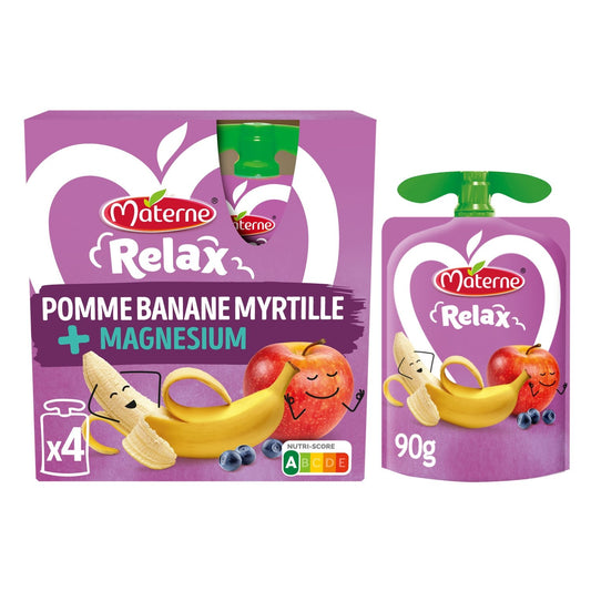 Compotes Relax Pomme Banane Myrtille + Magnésium Sans Sucres Ajoutés MATERNE les 4 gourdes de 90g