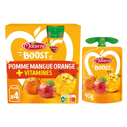 Compotes Boost Pomme Mangue Orange + Vitamines Sans Sucres Ajoutés MATERNE les 4 gourdes de 90g