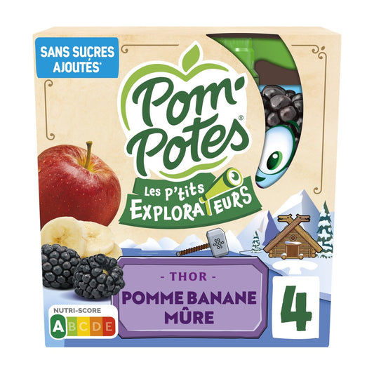 Compotes les P'tits Explorateurs Thor Pomme Banane Mûre Sans Sucres Ajoutés POM'POTES les 4 gourdes de 90g