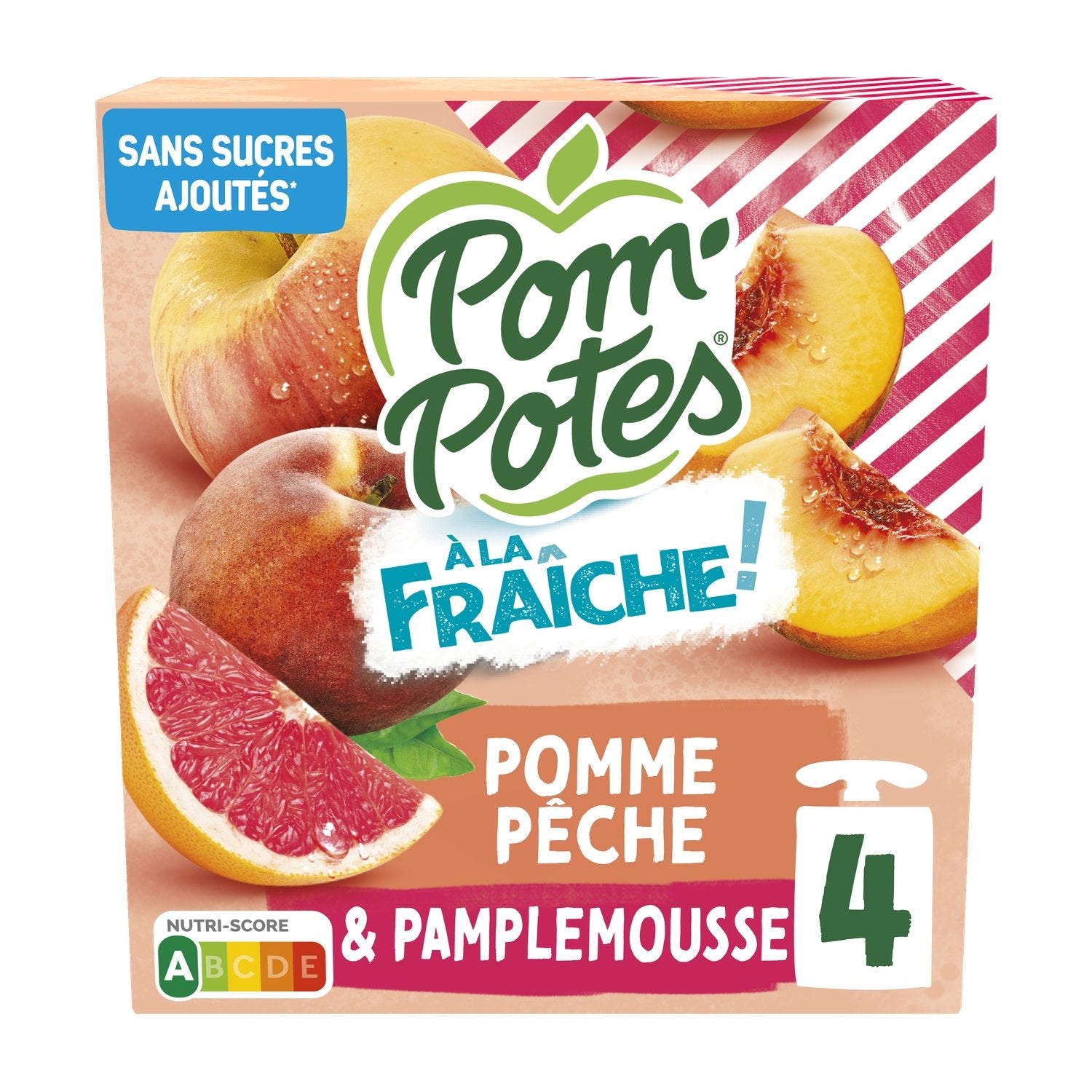 Compotes Pomme Pêche Pamplemousse POM'POTES la boite de 4 gourdes de 90g