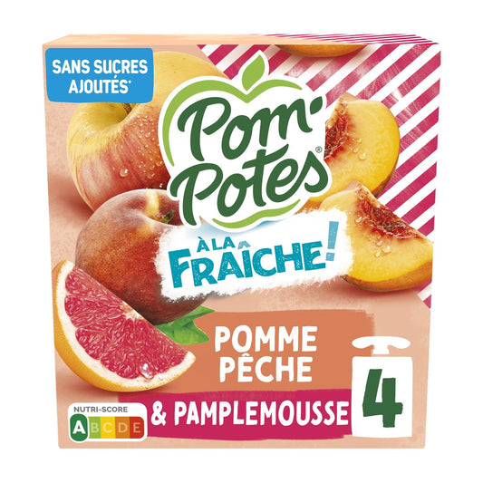 Compotes Pomme Pêche Pamplemousse POM'POTES la boite de 4 gourdes de 90g
