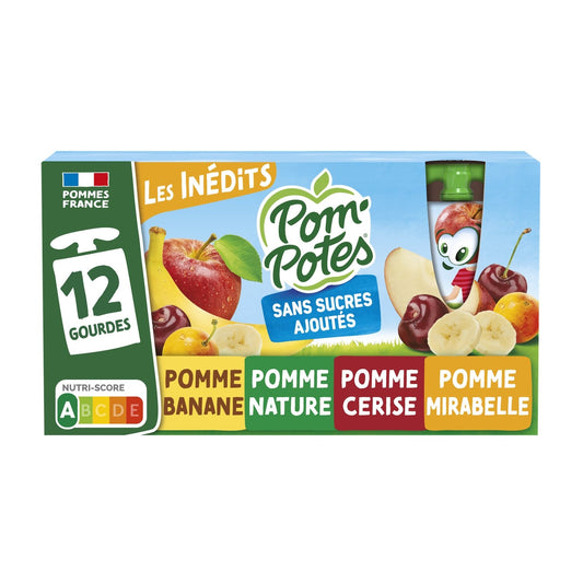 Compotes les Inédits Pomme, Mirabelle, Cerise, Banane Sans Sucres Ajoutés POM'POTES les 12 gourdes de 90g