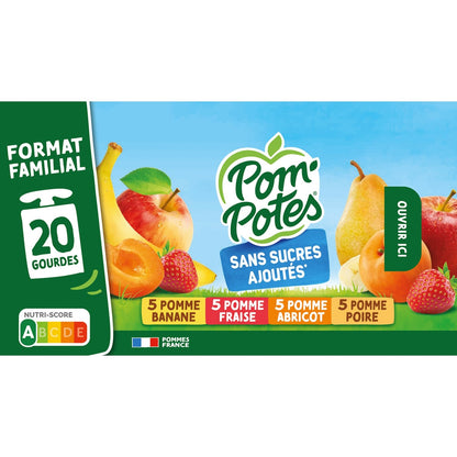 Apfel-, Bananen-, Erdbeer-, Aprikosen- und Birnenkompott POM'POTES
