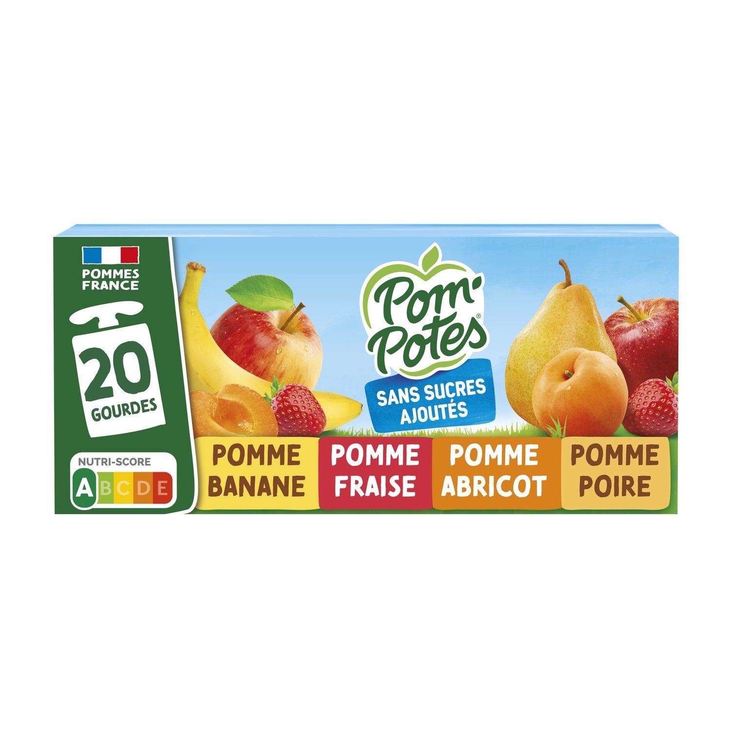 Compotes Pomme Banane, Fraise, Abricot, Poire POM'POTES les 20 gourdes de 90g