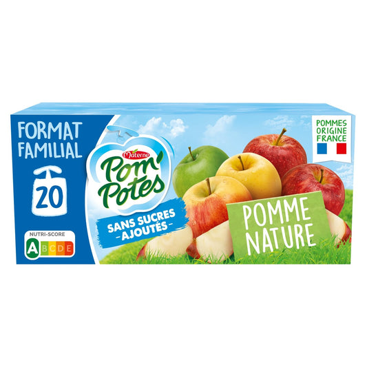Compotes Pomme Nature Sans Sucres Ajoutés POM'POTES les 20 gourdes de 90g