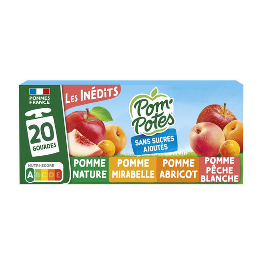 Compotes les Inédits Pomme, Mirabelle, Pêche Blanche, Abricot Sans Sucres Ajoutés POM'POTES les 20 gourdes de 90g