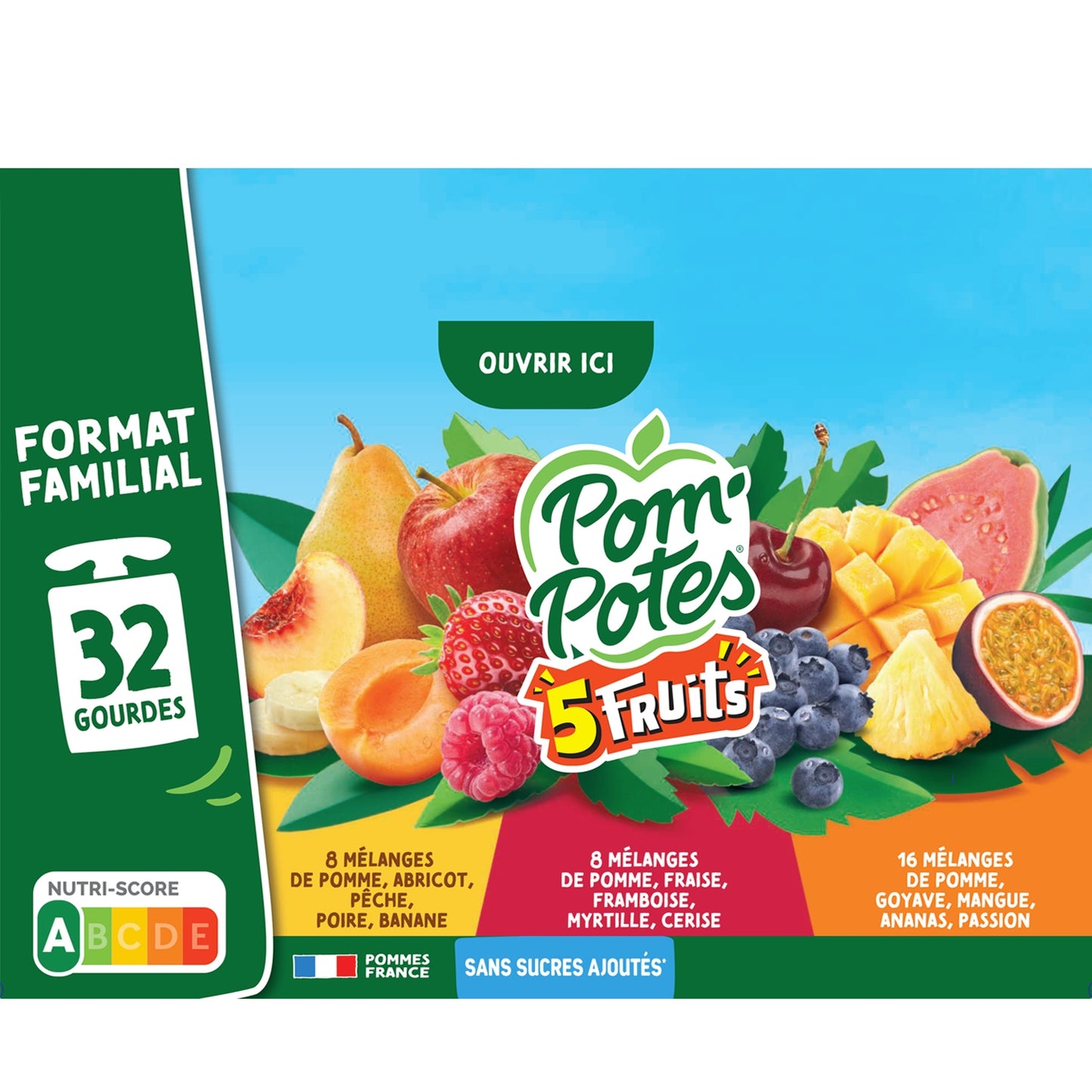 Compotes 5 fruits pomme abricot pêche poire banane, fraise framboise myrtille cerise et goyave mangue ananas passion sans sucres ajoutés POM'POTES 