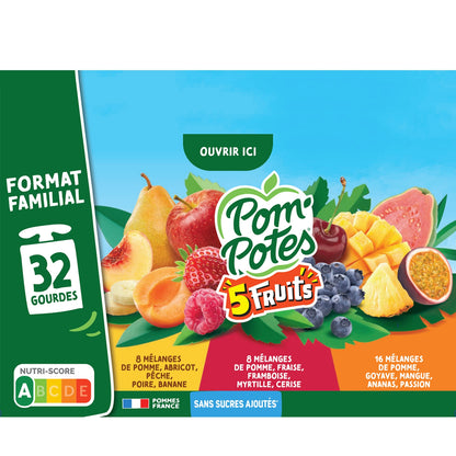 Compotes 5 fruits pomme abricot pêche poire banane, fraise framboise myrtille cerise et goyave mangue ananas passion sans sucres ajoutés POM'POTES 
