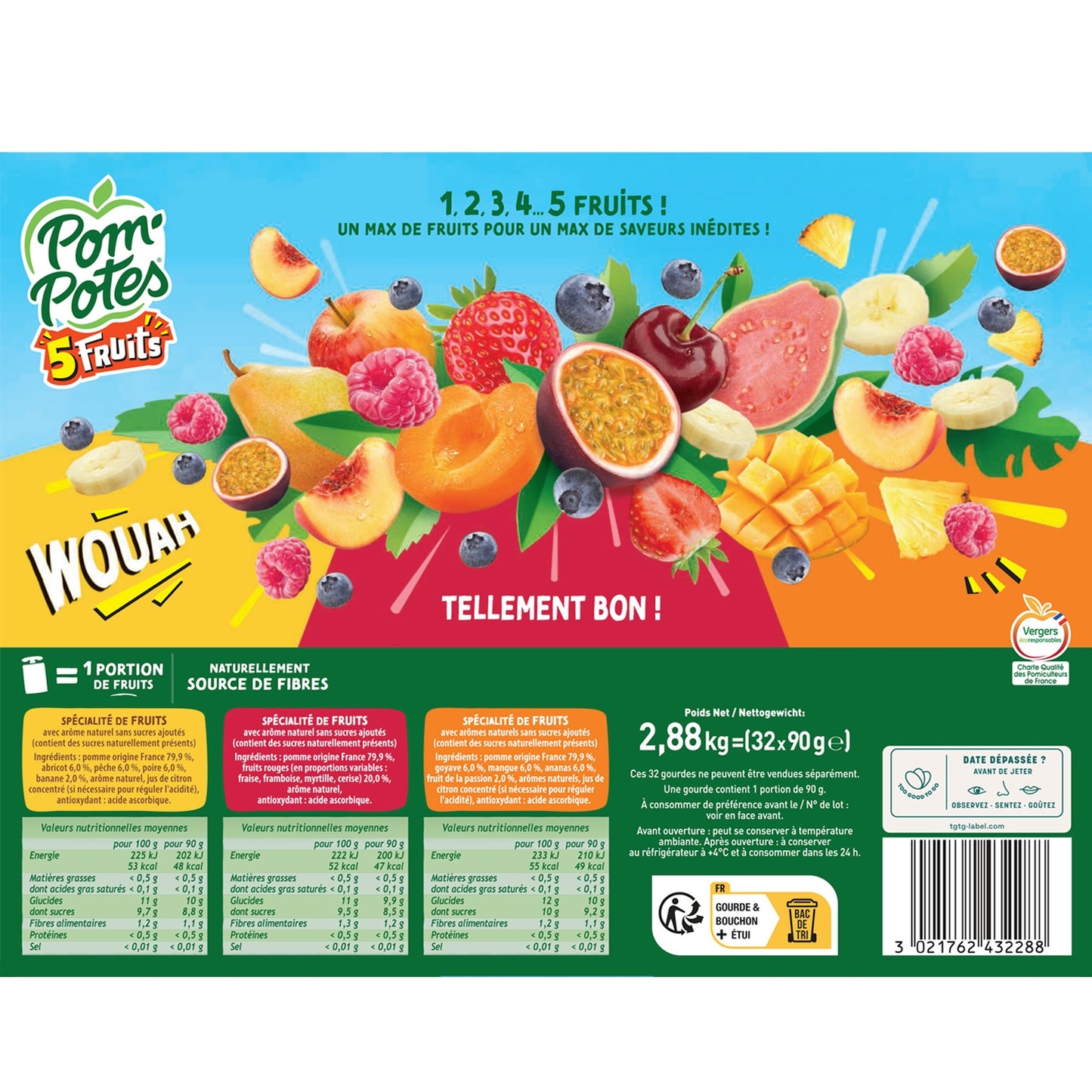Compotes 5 fruits pomme abricot pêche poire banane, fraise framboise myrtille cerise et goyave mangue ananas passion sans sucres ajoutés POM'POTES 