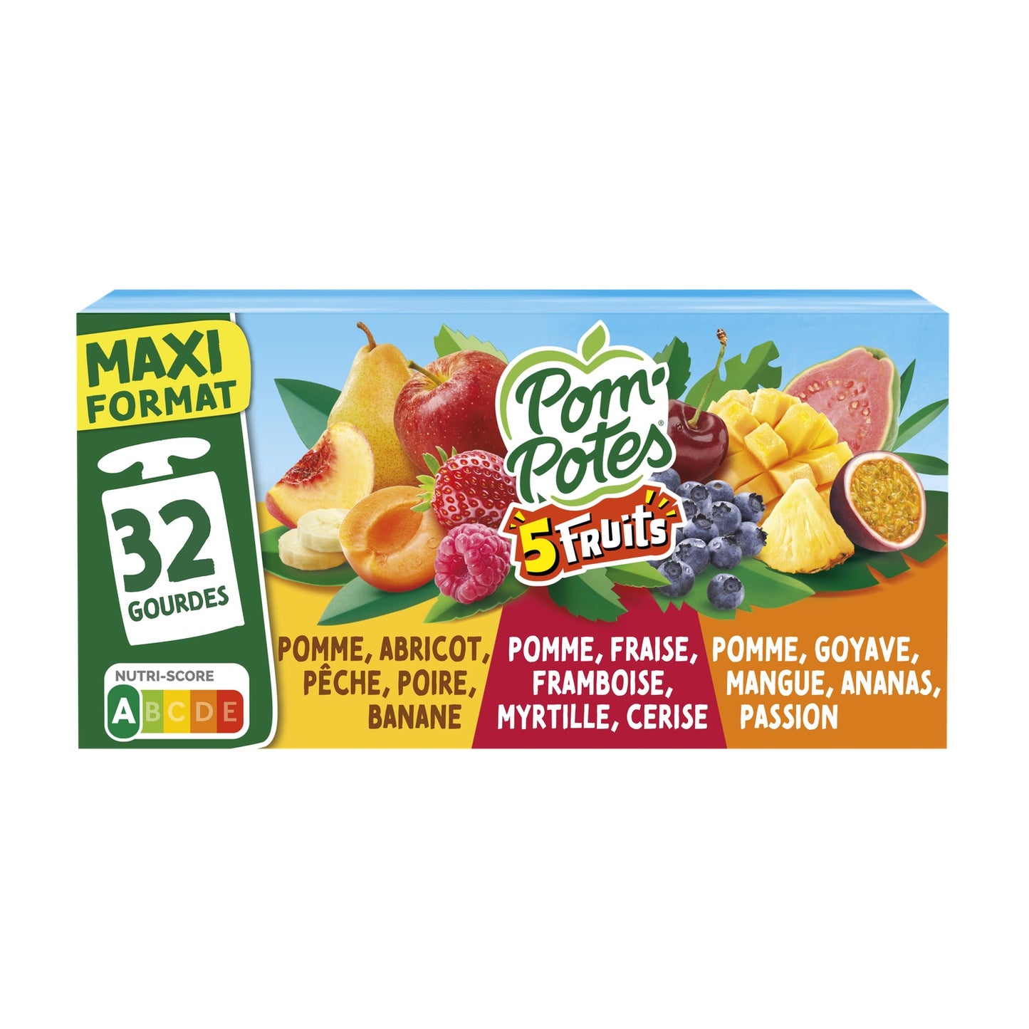 Compotes 5 fruits pomme abricot pêche poire banane, fraise framboise myrtille cerise et goyave mangue ananas passion sans sucres ajoutés POM'POTES 