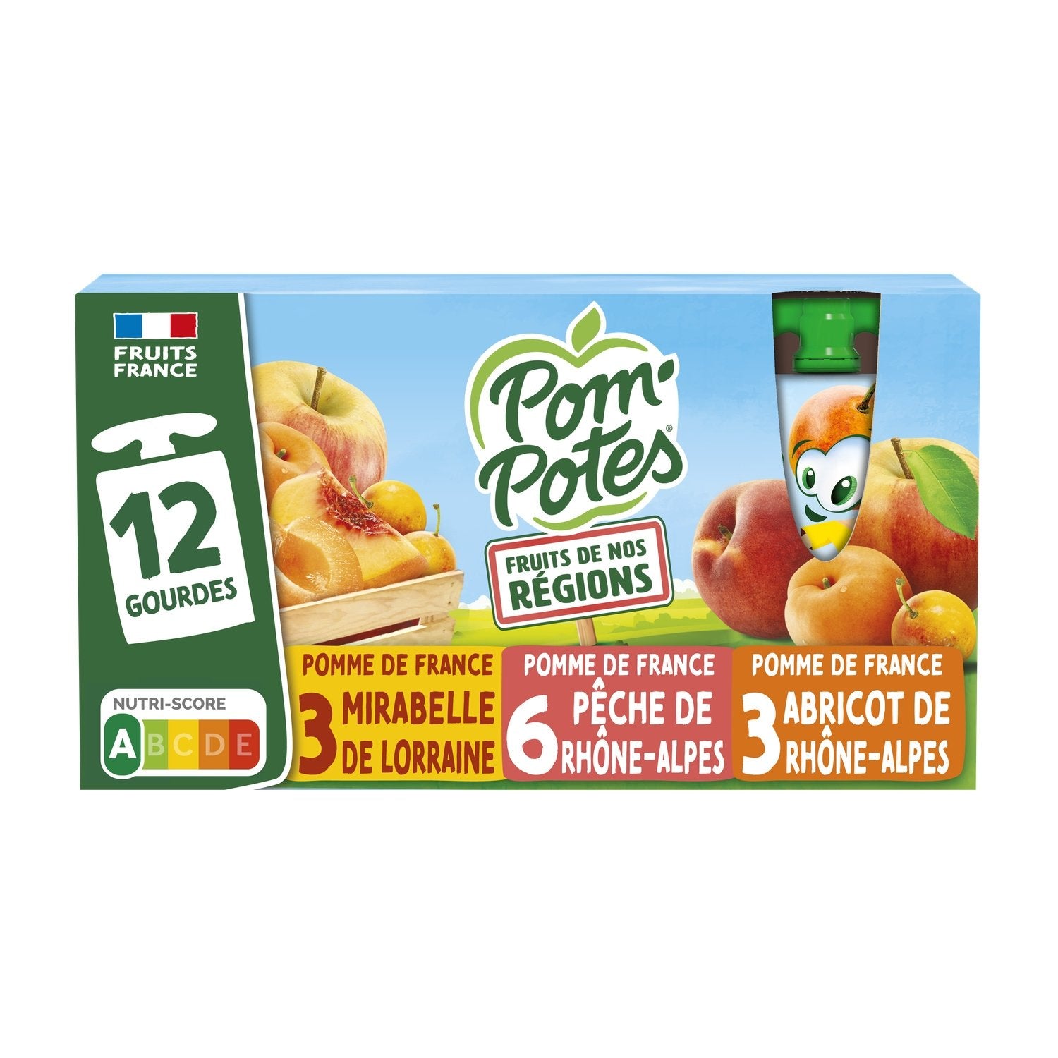 Compotes Fruits de Nos Régions Pomme Pêche, Mirabelle, Abricot Sans Sucres Ajoutés POM'POTES les 12 gourdes de 90g