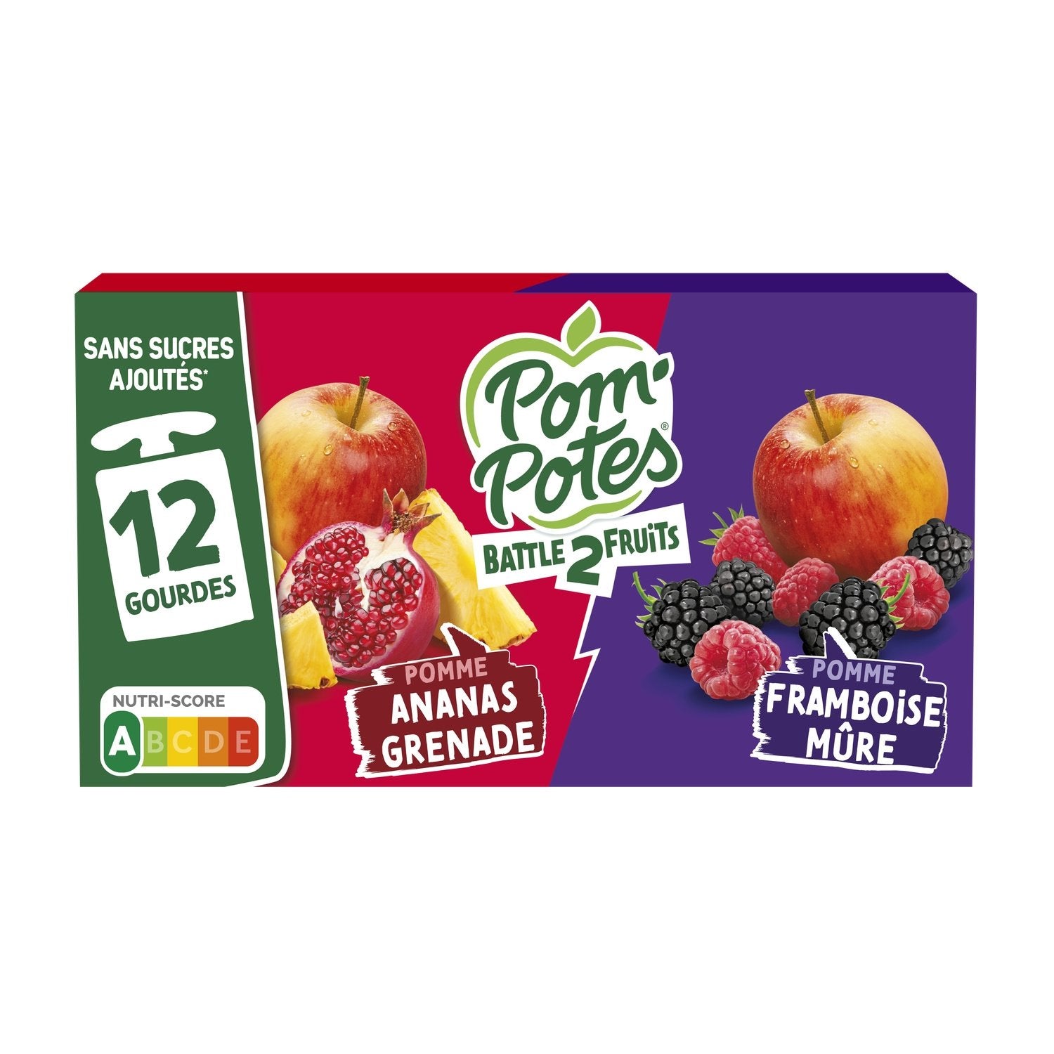 Compotes Battle2fruits Pomme Ananas Grenade, Framboise Mûre Sans Sucres Ajoutés POM'POTES les 12 gourdes de 90g