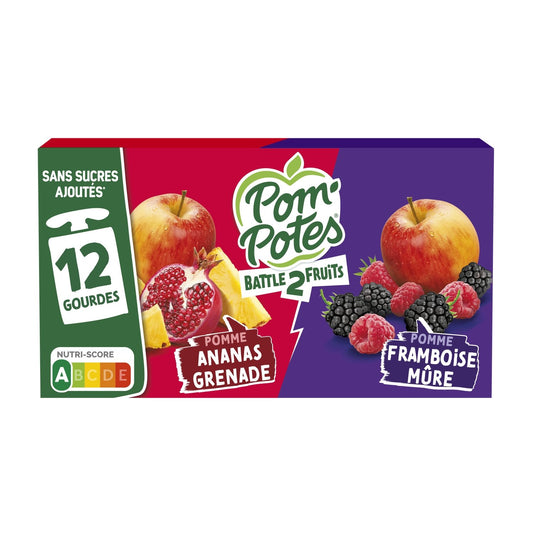 Compotes Battle2fruits Pomme Ananas Grenade, Framboise Mûre Sans Sucres Ajoutés POM'POTES les 12 gourdes de 90g