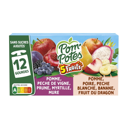Compotes 5 Fruits Pomme Pêche de Vigne Prune Myrtille Mûre et Poire Pêche Blanche Banane Fruit du Dragon Sans Sucres Ajoutés POM'POTES les 12 gourdes de 90g