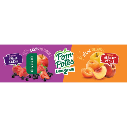 Battle2fruits Apfel-Erdbeere-Schwarze Johannisbeere, Aprikose-Pfirsich-Kompott ohne Zuckerzusatz POM'POTES