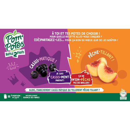 Battle2fruits Apfel-Erdbeere-Schwarze Johannisbeere, Aprikose-Pfirsich-Kompott ohne Zuckerzusatz POM'POTES