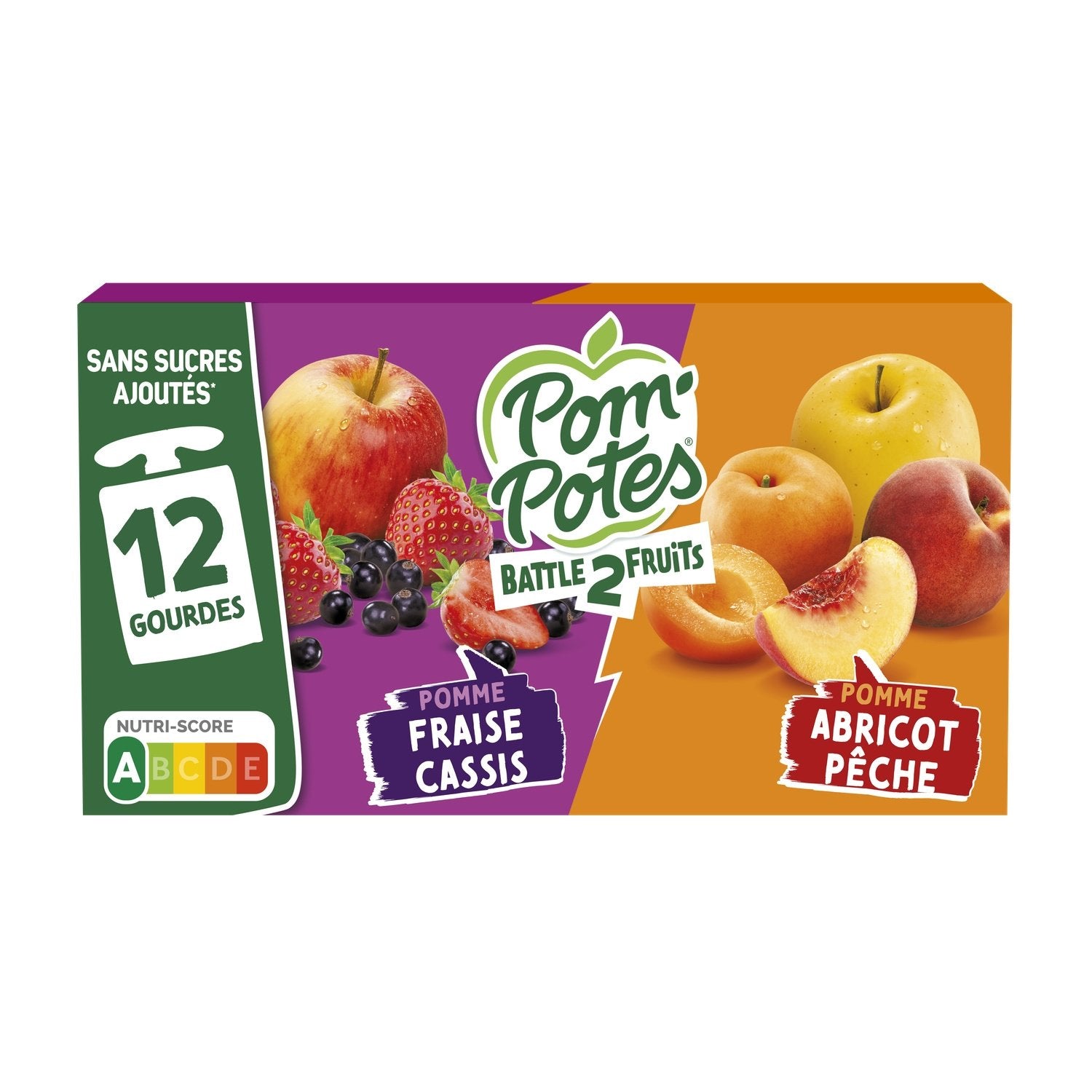Compotes Battle2fruits Pomme Fraise Cassis, Abricot Pêche Sans Sucres Ajoutés POM'POTES les 12 gourdes de 90g