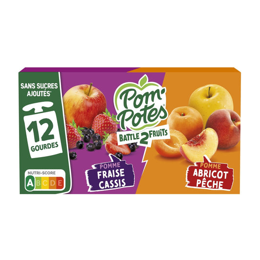 Compotes Battle2fruits Pomme Fraise Cassis, Abricot Pêche Sans Sucres Ajoutés POM'POTES les 12 gourdes de 90g