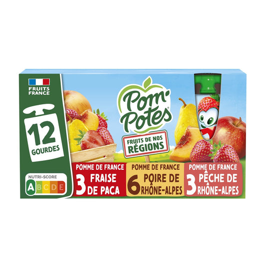 Compotes Fruits de Nos Régions Pomme Pêche, Poire, Fraise Sans Sucres Ajoutés POM'POTES les 12 gourdes de 90g