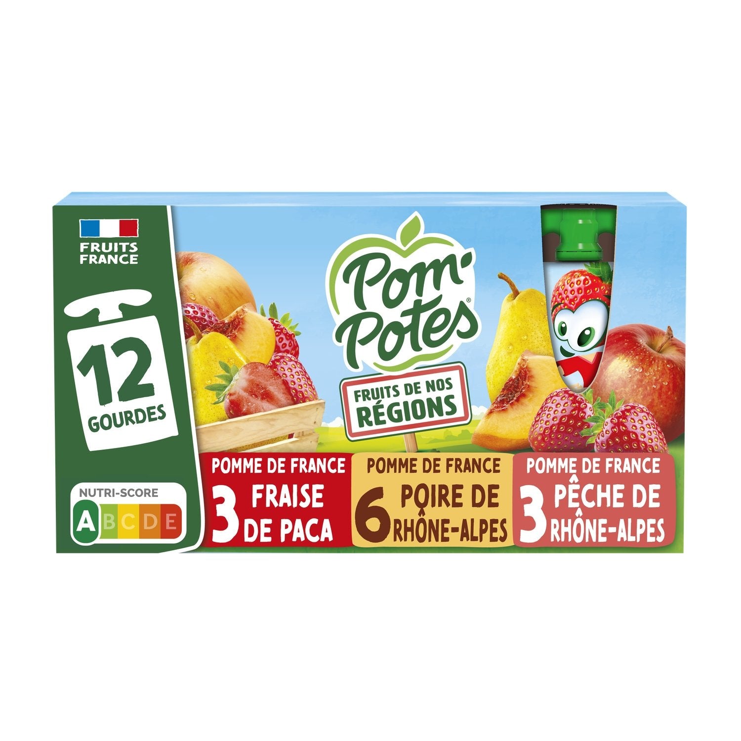 Compotes Fruits de Nos Régions Pomme Pêche, Poire, Fraise Sans Sucres Ajoutés POM'POTES les 12 gourdes de 90g