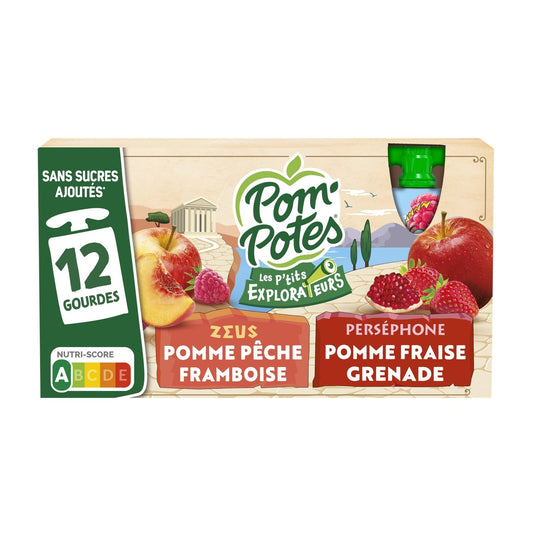 Compotes Pomme Pêche Framboise et Pomme Fraise Grenade POM'POTES la boite de 12 gourdes