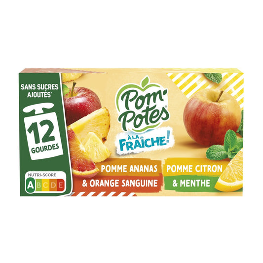 Compote à la Fraîche Multi Variétés POM'POTES la boite de 12 gourdes