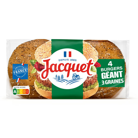 Pain Spécial Burgers Géant 3 Graines JACQUET le paquet de 4 burgers