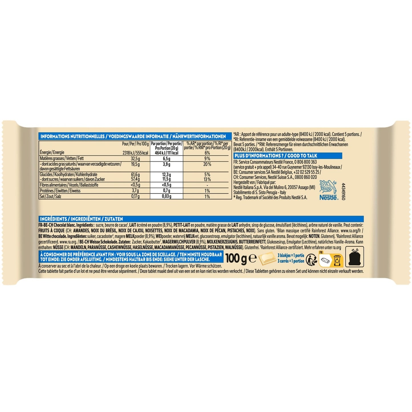 Tablette de Chocolat Blanc GALAK 