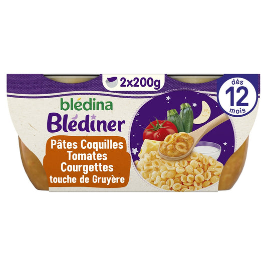 Plat Bébé du Soir Dès 12 Mois Pâtes Tomates Courgettes et Gruyère Blédiner BLEDINA les 2 bols de 200g