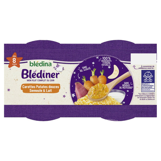 Plat Bébé du Soir Dès 8 Mois Carottes Patate Douce Semoule Lait Blédiner BLEDINA