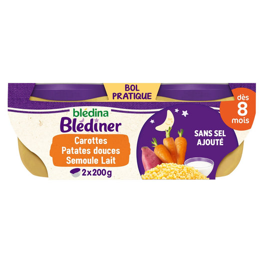 Plat Bébé du Soir Dès 8 Mois Carottes Patate Douce Semoule Lait Blédiner BLEDINA les 2 bols de 200g