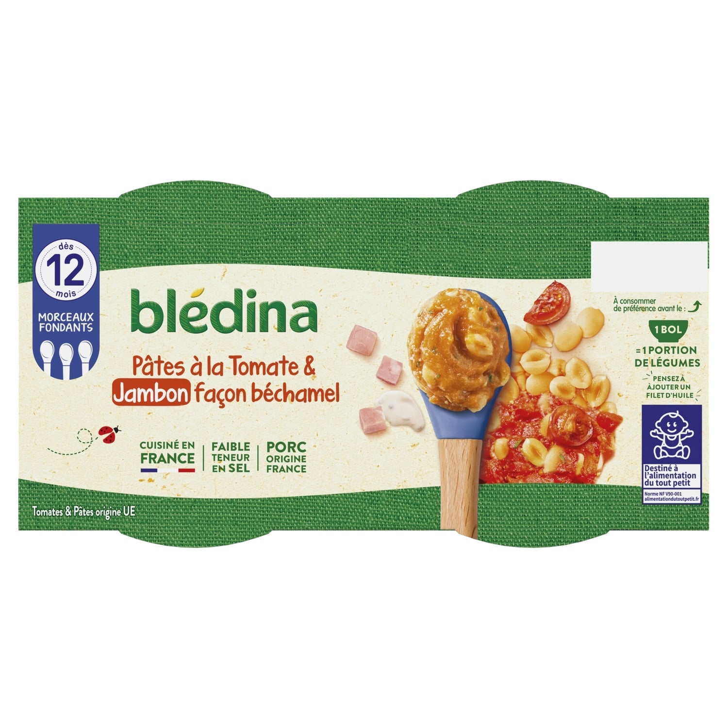 Plat bébé dès 12 mois Tomates mijotées Pâtes coquilles Jambon Les Idées de Maman BLEDINA 