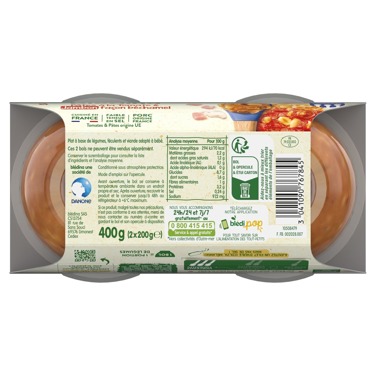 Plat bébé dès 12 mois Tomates mijotées Pâtes coquilles Jambon Les Idées de Maman BLEDINA 