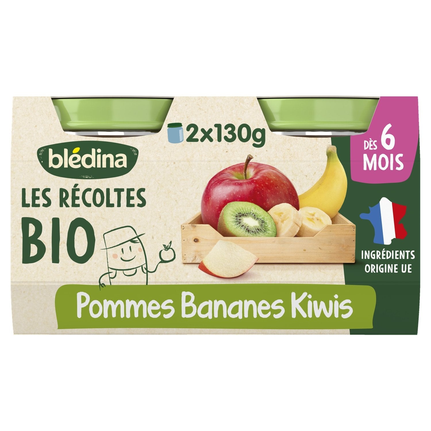 Compote Bébé Dès 6 Mois Pommes Bananes Kiwis les Récoltes Bio BLEDINA les 2 pots de 130g