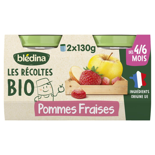Compote Bébé Dès 6 Mois Pommes Fraises les Récoltes Bio BLEDINA les 2 pots de 130g