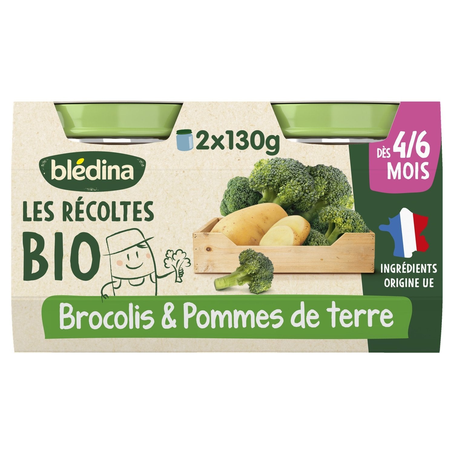 Plat Bébé Dès 4 à 6 Mois Brocolis Pommes de Terre les Récoltes Bio BLEDINA les 2 pots de 130g