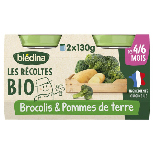 Plat Bébé Dès 4 à 6 Mois Brocolis Pommes de Terre les Récoltes Bio BLEDINA les 2 pots de 130g