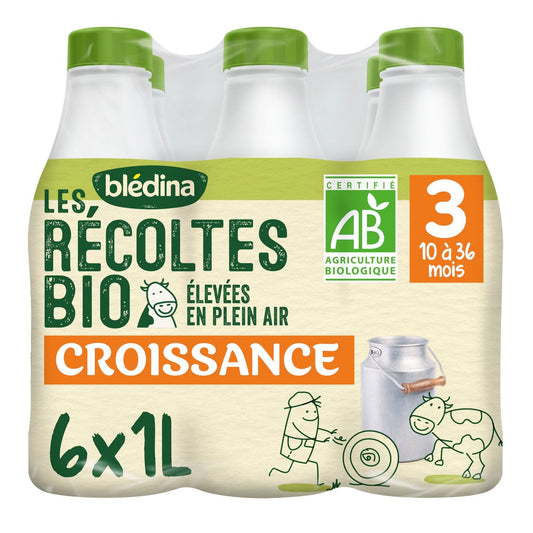 Lait Bébé Liquide 3ème Âge Dès 10 Mois Bio les Récoltes Bio BLEDINA les 6 bouteilles d'1L
