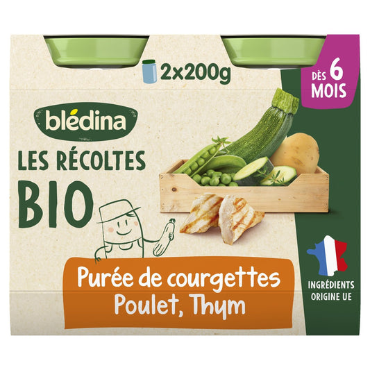 Plat Bébé Dès 6 Mois Purée de Courgettes Poulet Fermier Thym les Récoltes Bio BLEDINA les 2 pots de 200g