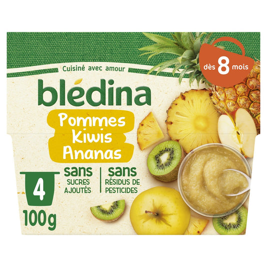 Compotes Bébé Dès 8 Mois Pomme Kiwis Ananas BLEDINA les 4 pots de 100g