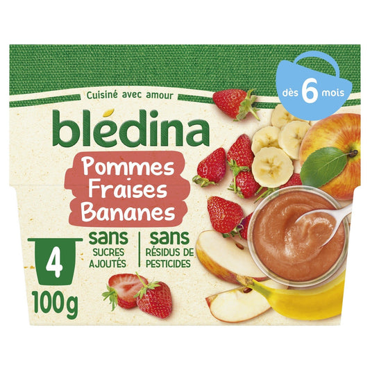 Compotes Bébé Dès 6 Mois Pommes Fraises Bananes BLEDINA les 4 pots de 100g
