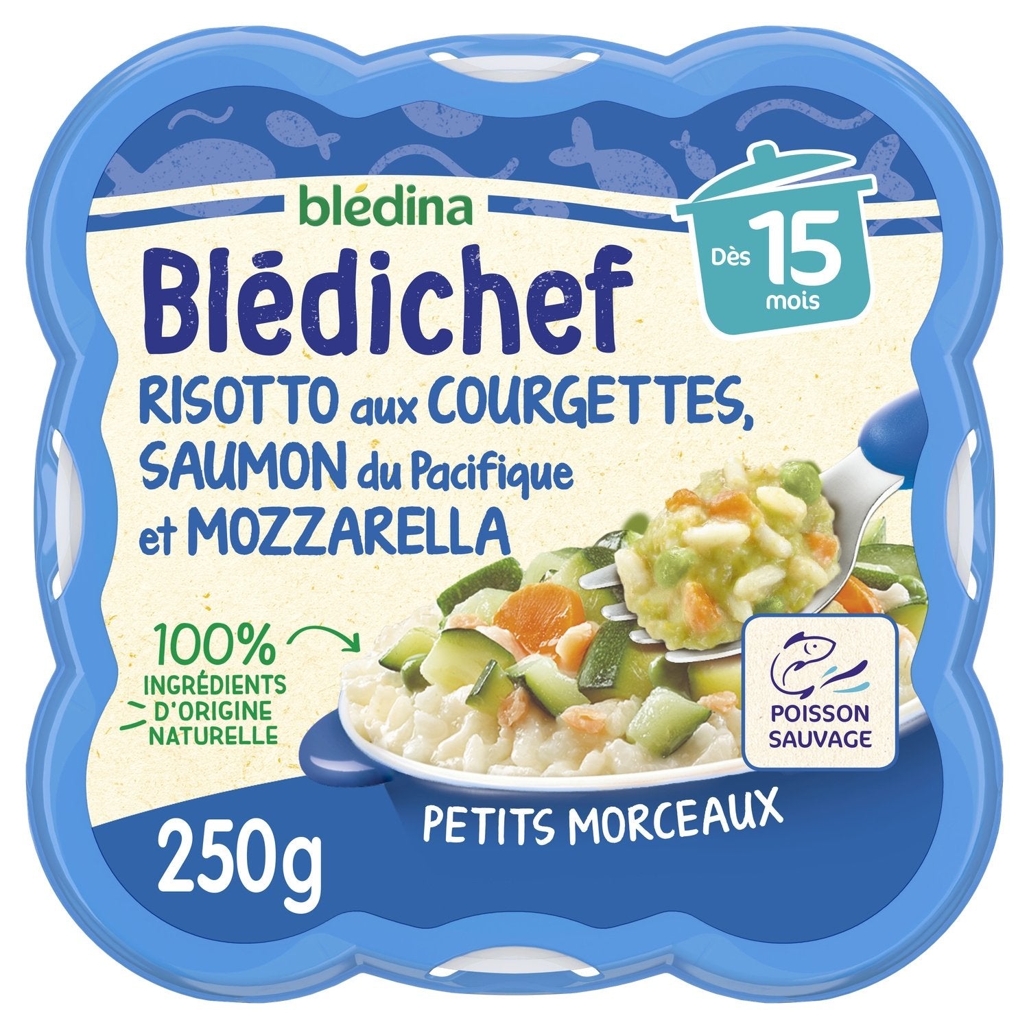 Plat Bébé Dès 15 Mois Risotto aux Courgettes Saumon du Pacifique et Mozzarella Blédichef BLEDINA l'assiette de 250g