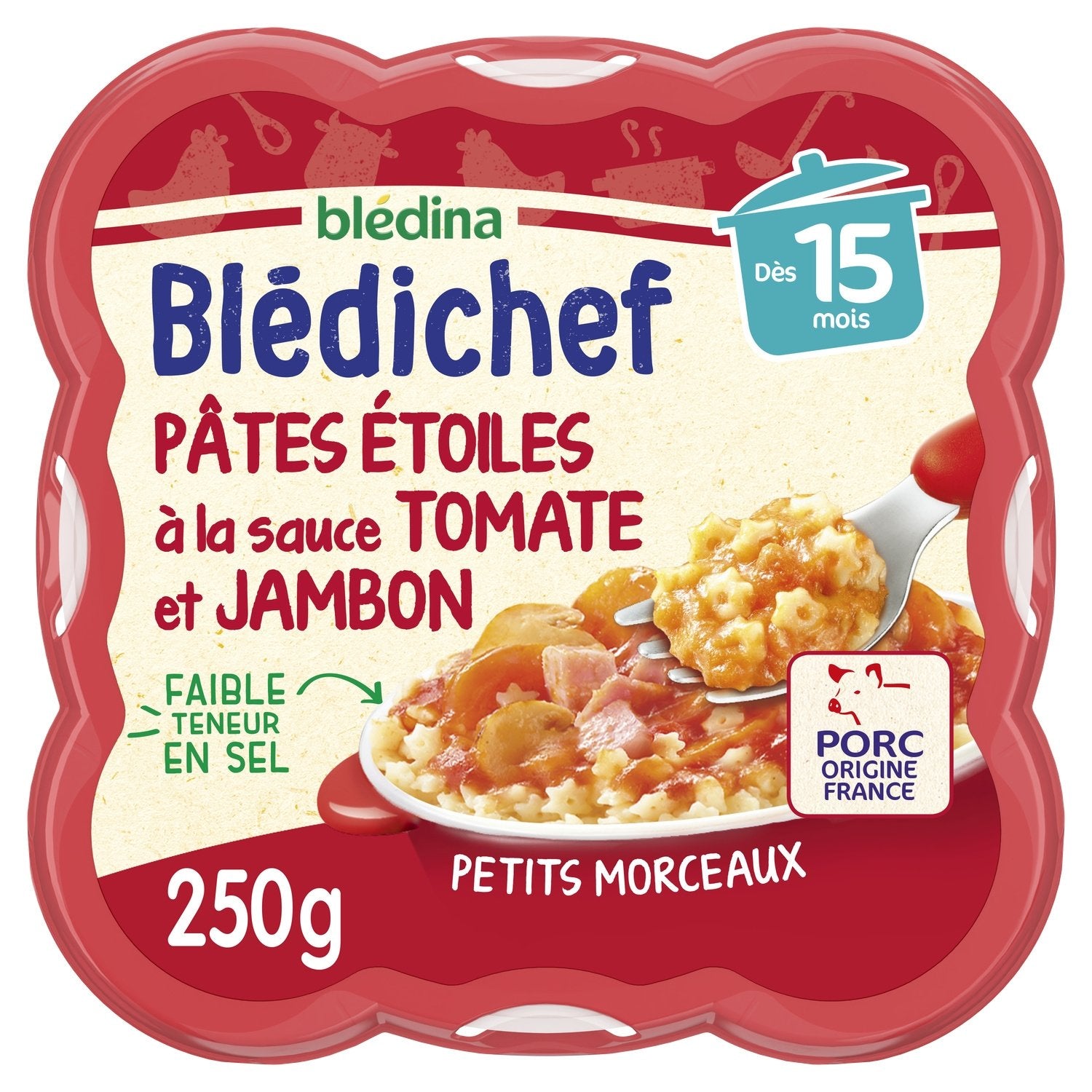 Plat Bébé Dès 15 Mois Pâtes Étoiles à la Sauce Tomate et Jambon Blédichef BLEDINA l'assiette de 250g