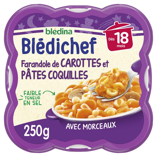 Plat Bébé du Soir Dès 18 Mois Farandole de Carottes et Pâtes Coquilles Blédichef BLEDINA l'assiette de 250g