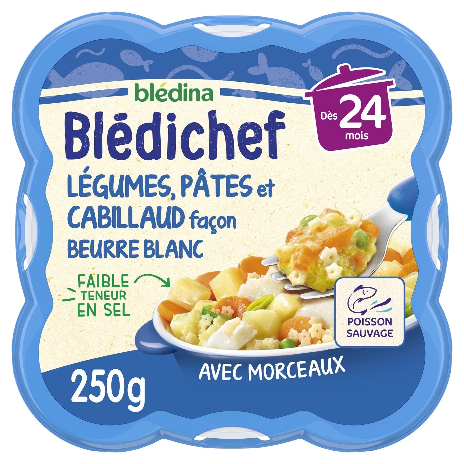 Plat Bébé Dès 24 Mois Légumes Pâtes et Cabillaud Façon Beurre Blanc Blédichef BLEDINA l'assiette de 250g