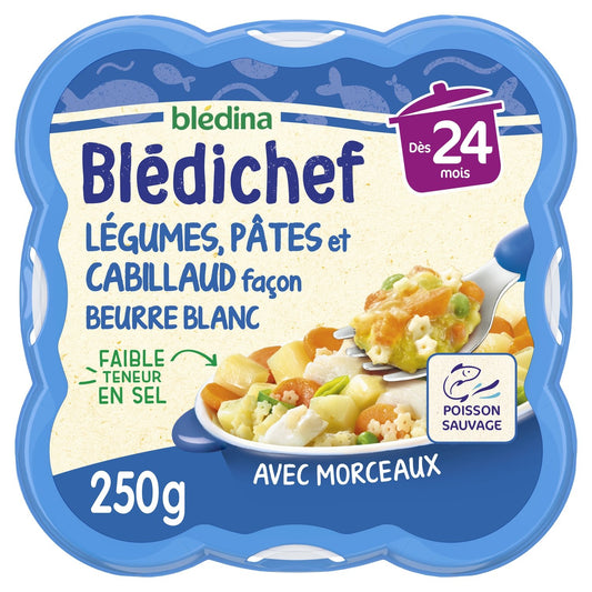 Plat Bébé Dès 24 Mois Légumes Pâtes et Cabillaud Façon Beurre Blanc Blédichef BLEDINA l'assiette de 250g