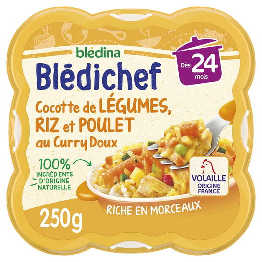 Plat Bébé Dès 24 Mois Cocotte de Légumes Riz et Poulet au Curry Doux Blédichef BLEDINA l'assiette de 250g