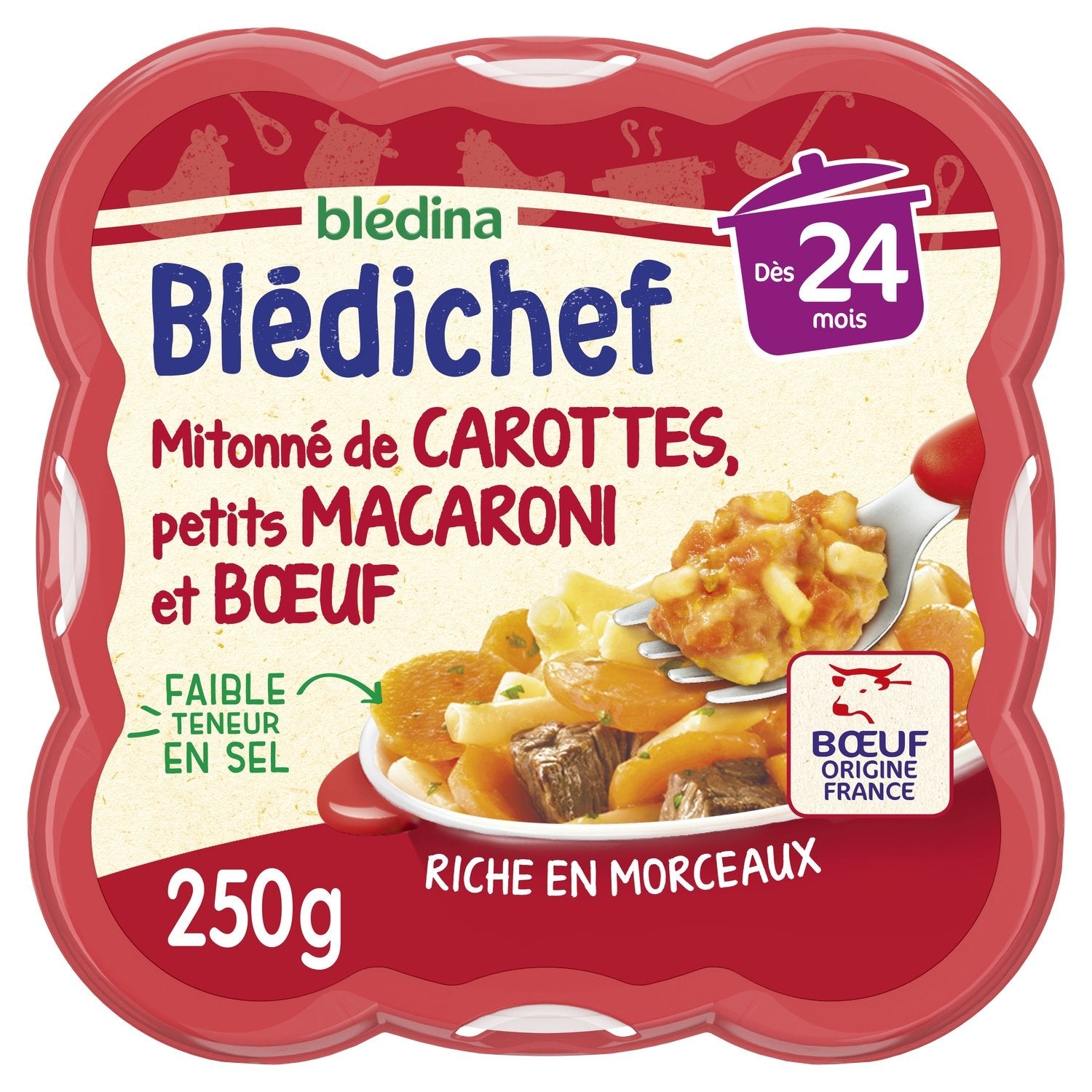 Plat Bébé Dès 24 Mois Carottes Petits Macaronis et Bœuf Blédichef BLEDINA l'assiette de 250g